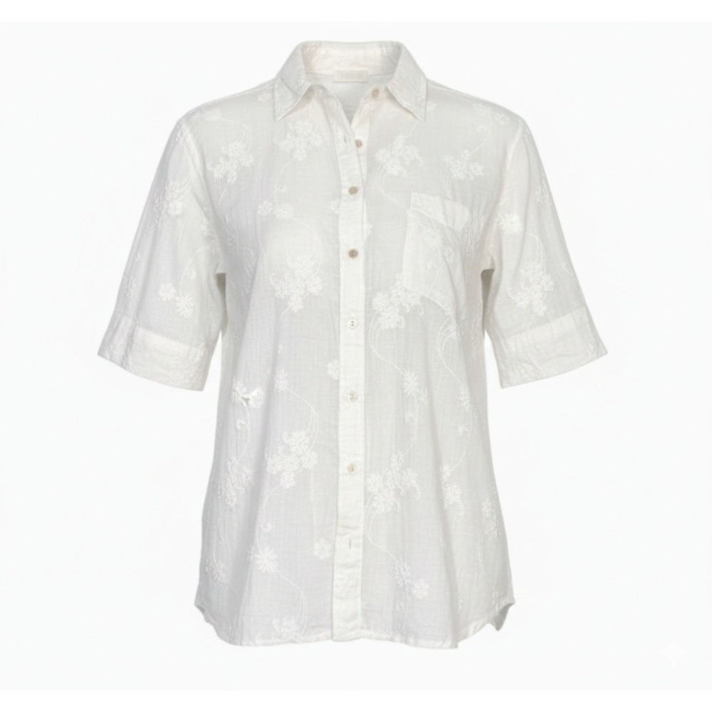 CP SHADES Linen Embroidered Floral Button Down Shirt Oversized Small Lagenlook
